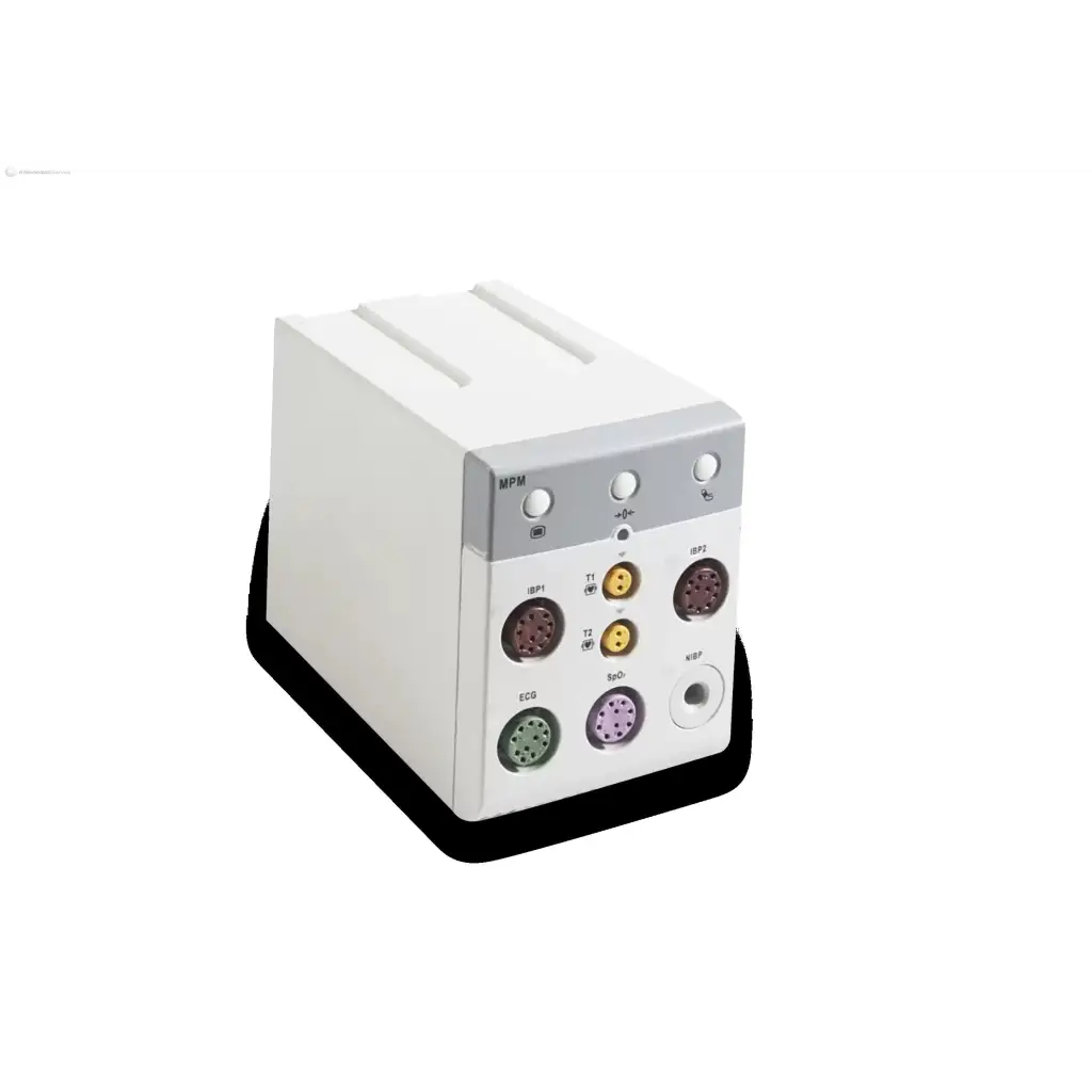 White and gray mindray new mpm-2 medical monitoring device back with multiple colored ports labeled for physiological signals