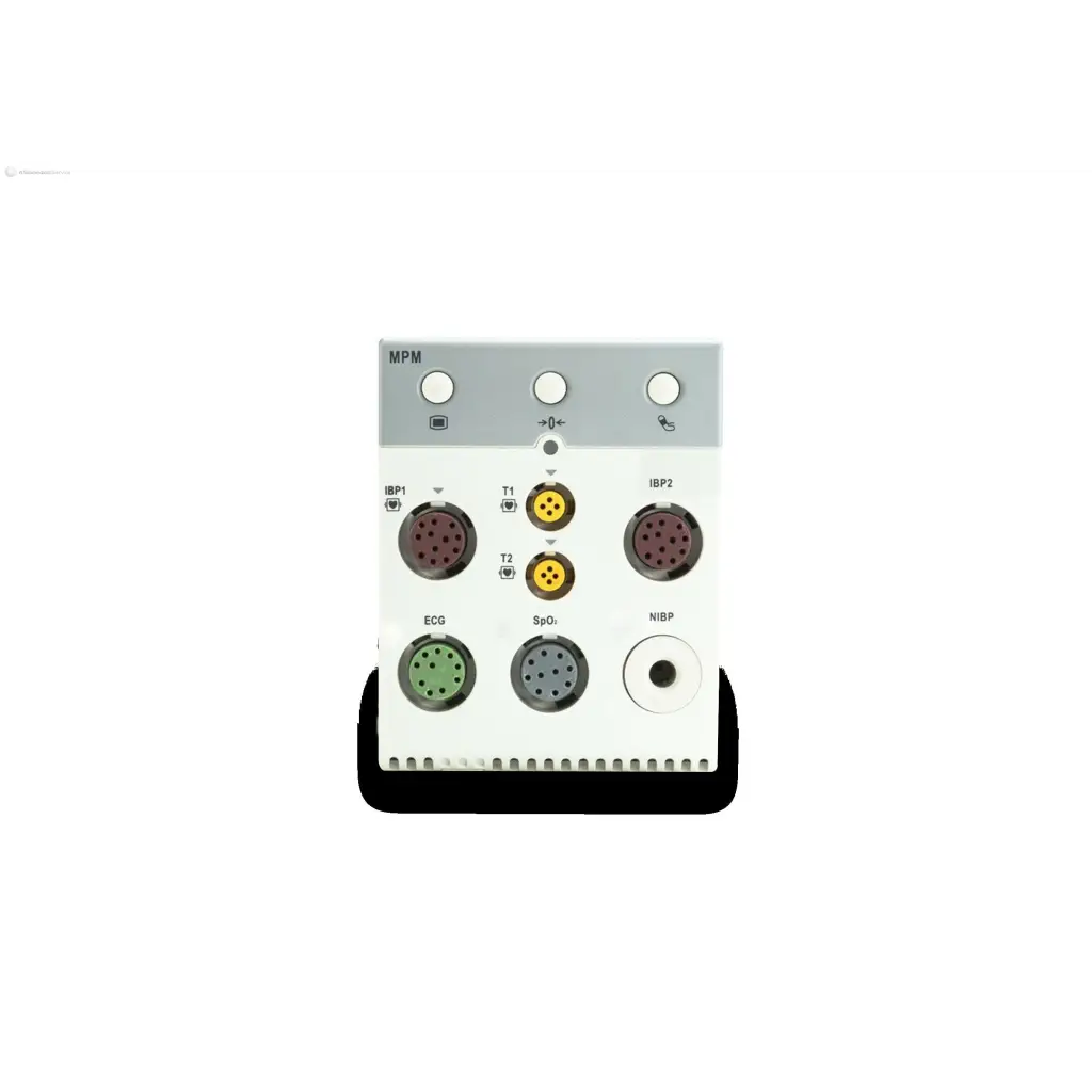 White mindray new mpm-3 medical monitoring module with multiple colored ports and labeled connectors on the back side