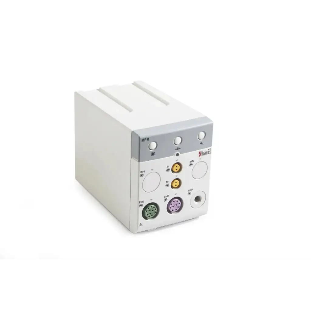 White and gray medtronic mpm medical device with colored ports including yellow green purple and black back side view