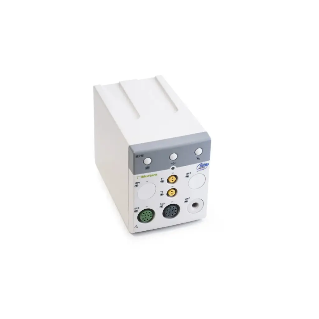 White and gray mindray old mpm-12 medical device module with multiple ports buttons and mortara logo visible