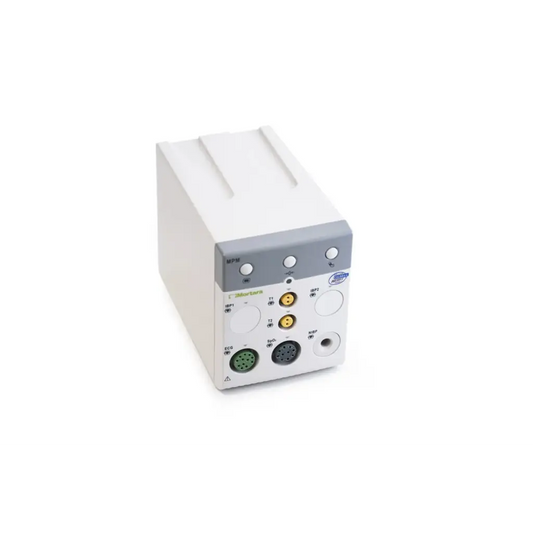 White and gray mindray old mpm-12 medical device module with multiple ports buttons and mortara logo visible