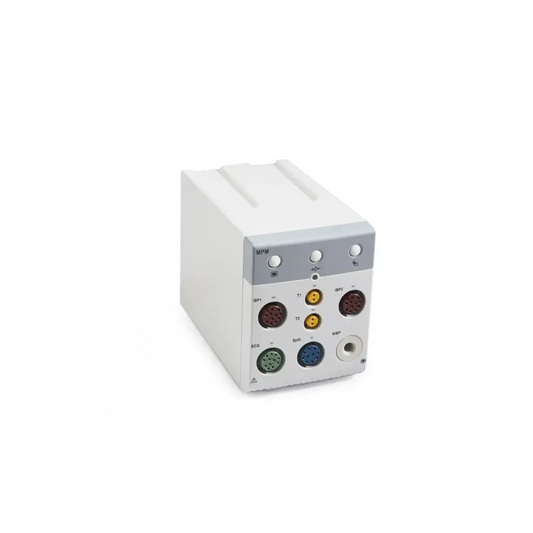 Back side of white and gray Mindray old MPM-4 module medical device with multiple colored ports including brown yellow green blue and white