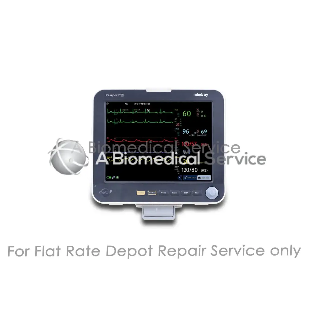 Gray rectangular mindray passport 12 patient monitor anesthesia with black screen showing vital signs for medical equipment repair service