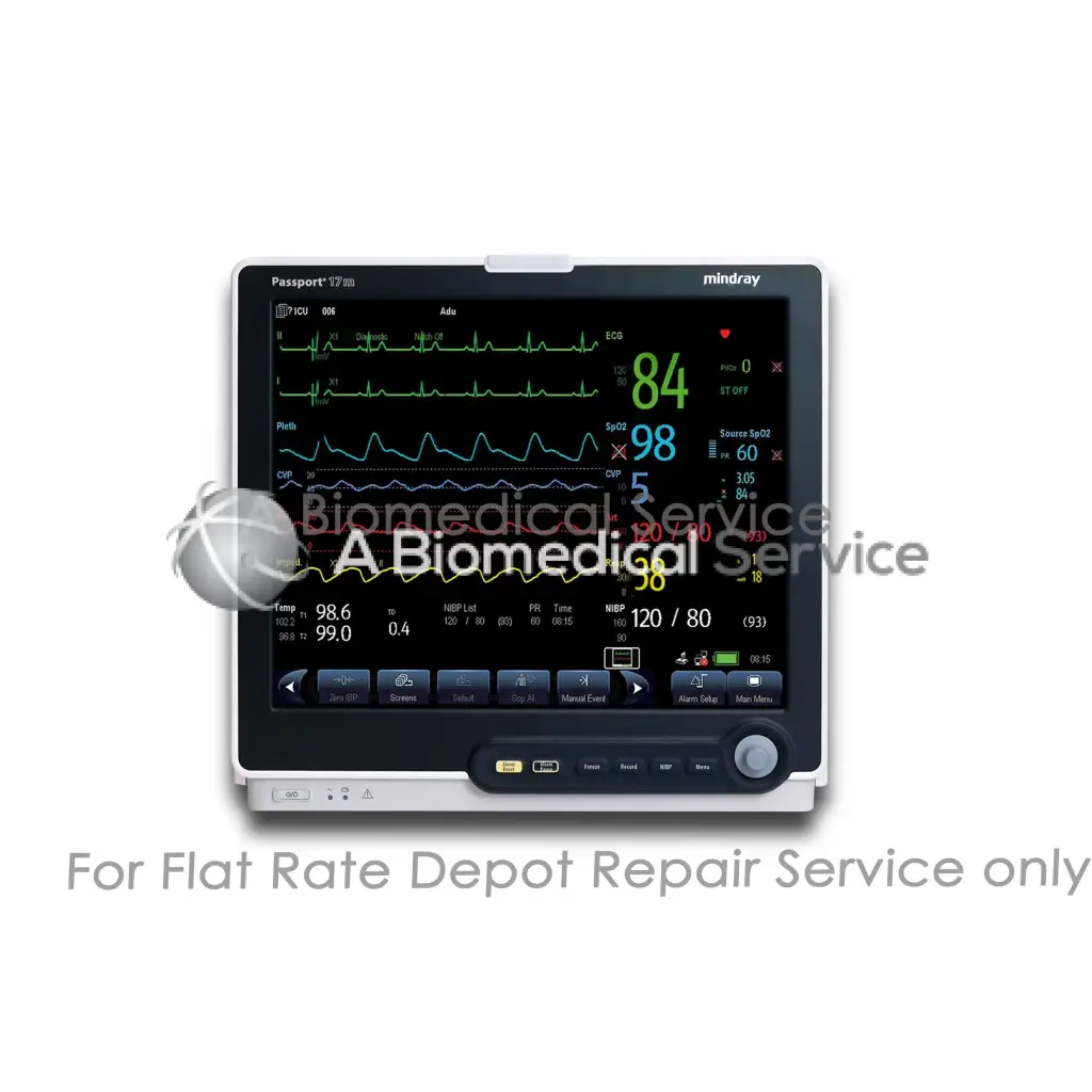 Mindray passport 12 inch monitor with black screen showing green and yellow medical data for repair service medical equipment