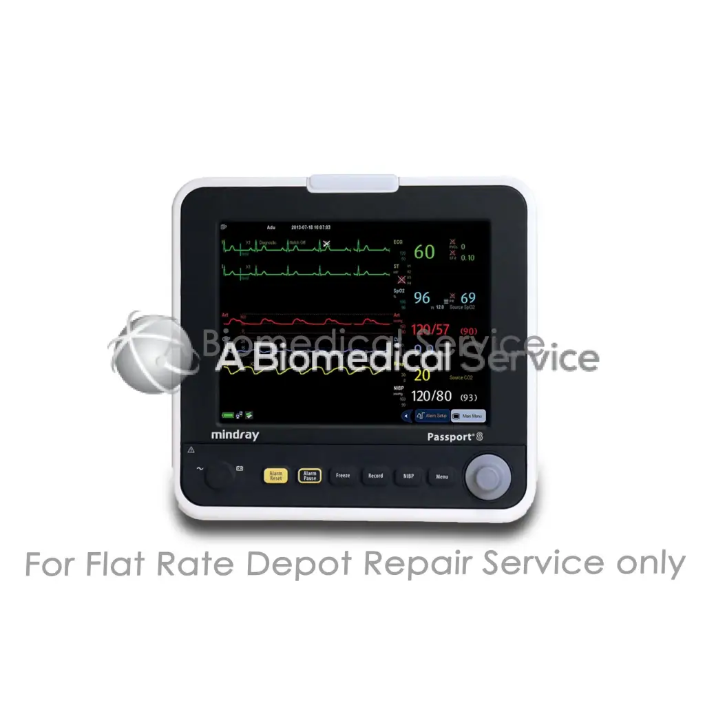 White-framed mindray passport 8 patient monitor displaying vital signs with green and red waveforms for medical equipment repair service