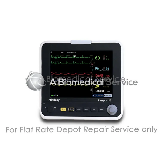 White-framed mindray passport 8 patient monitor displaying vital signs with green and red waveforms for medical equipment repair service