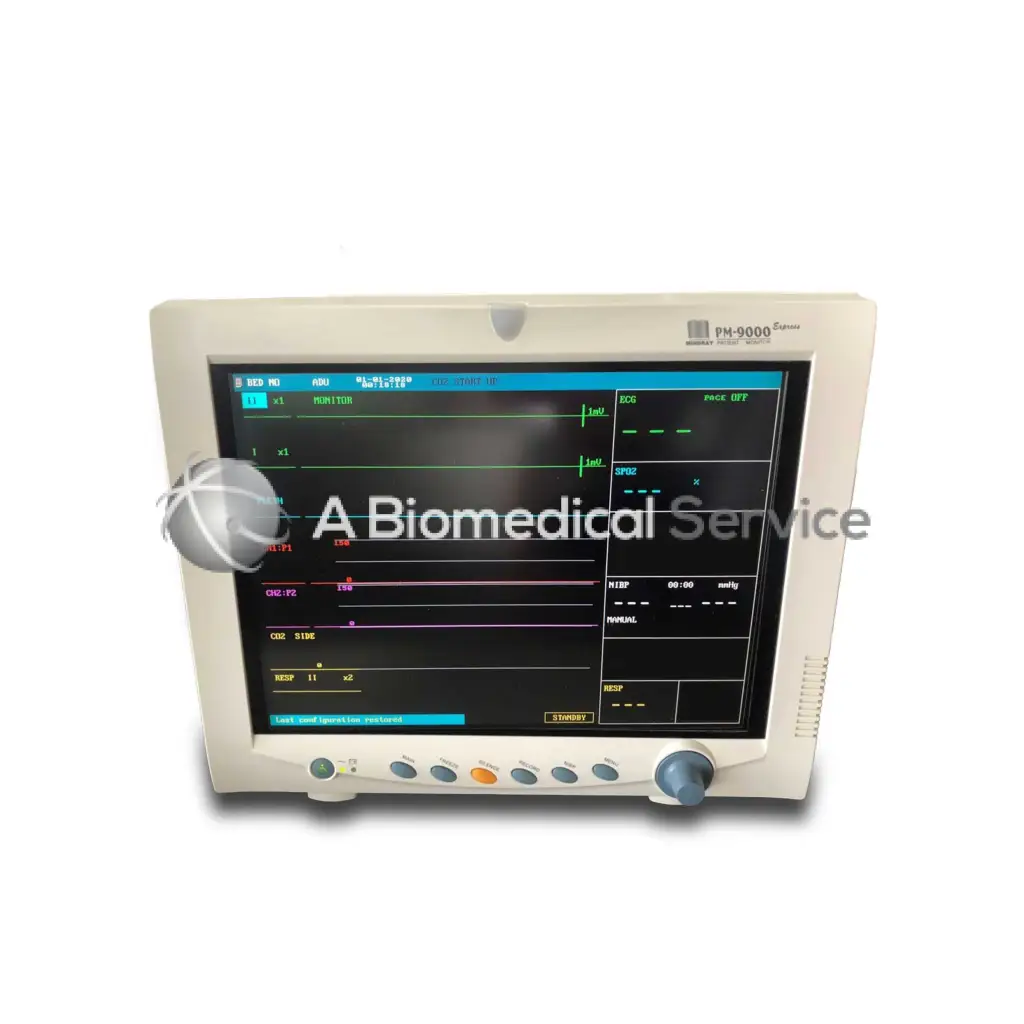 Beige mindray pm-9000 express patient monitor with touchscreen showing green purple and blue vital sign waveforms