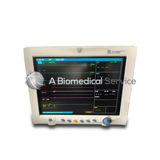 Beige mindray pm-9000 express patient monitor with touchscreen showing green purple and blue vital sign waveforms