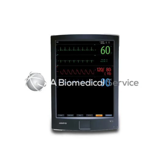 Black mindray v8 patient monitor displaying green and red vital signs on screen in a mindray v21 product