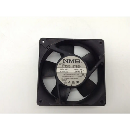 Black plastic 119mm x 38mm axial fan 115v with model label showing specifications from minebea-matsushita