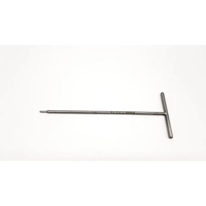 Silver t-handle hex key with slender shaft and engraved markings for Mitek 214542 surgical arthroscopic reamer use