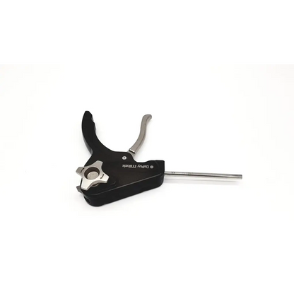 Mitek 214710 versalok deployment gun in black and silver metal with adjustable jaw and long slender rod handle