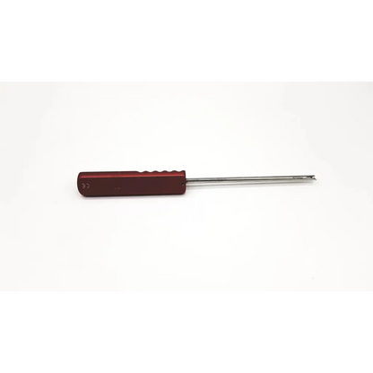 Red-handled mitek drill guide fish mouth 213817 with metallic shaft and precision tip surgical instrument