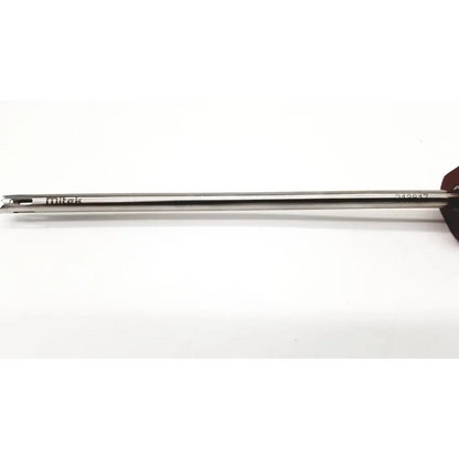 A sleek metallic silver mitek drill guide fish mouth surgical needle with precise pointed tip and engraved branding
