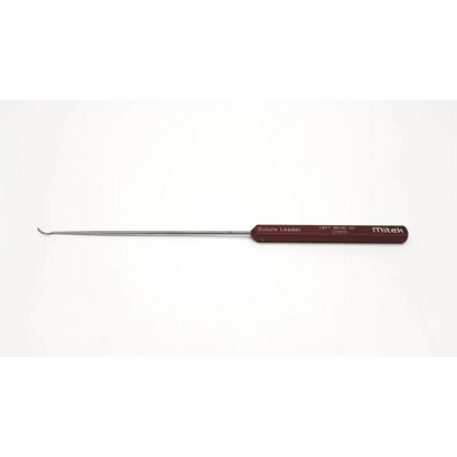 Mitek left bend 30° arthroscopic sututre leader with maroon handle, stainless steel shaft, and left angled tip