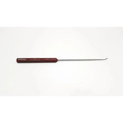 Mitek left bend 30° arthroscopic suture leader with maroon leather handle and slender curved metallic tip