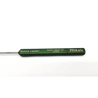 Green-handled mitek suture leader right bend 30 degrees model da46-68 designed for precise surgical use