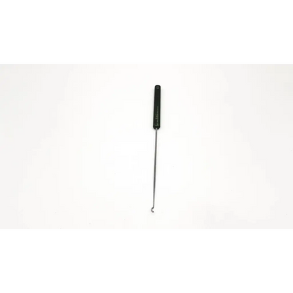 Black handled mitek suture leader with slender metallic shaft and right bend 30 degree curved hook for precise suturing