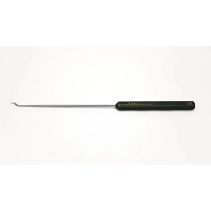 Black-handled mitek suture leader with long metallic shaft and curved right bend 30° tip for precision suturing