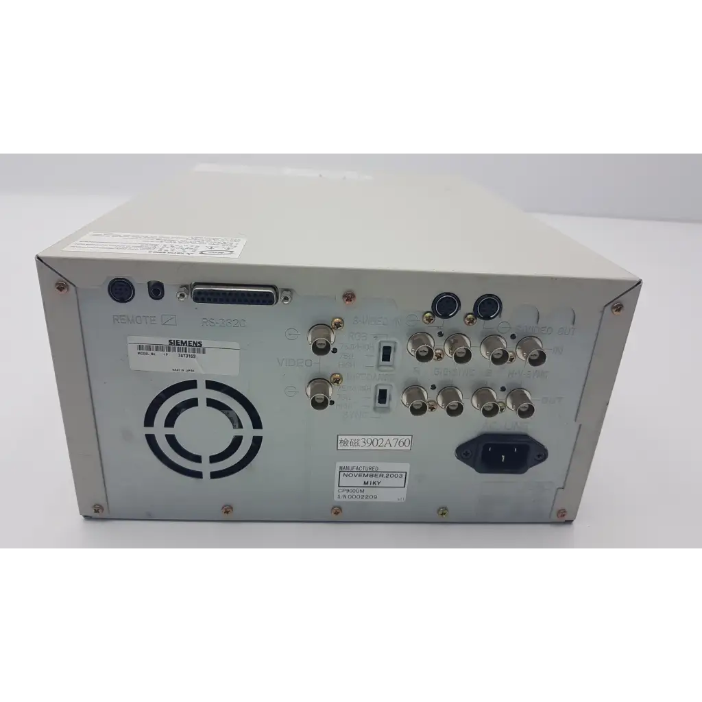 Back side of silver metallic mitsubishi cp900um analog industrial test equipment with bnc connectors and ventilation grille