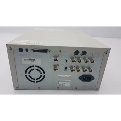 Back side of silver metallic mitsubishi cp900um analog industrial test equipment with bnc connectors and ventilation grille
