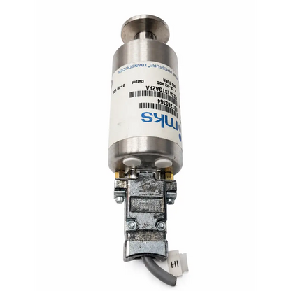 Stainless steel biomed certified MKS 722a13tga2fa baratron pressure transducer with white label and blue text on metallic base