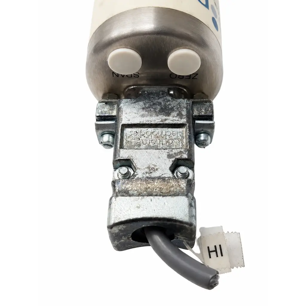 Silver metallic cylindrical MKS 722A13TGA2FA biomed certified baratron pressure transducer with white caps and gray cable