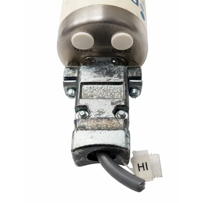Silver metallic cylindrical MKS 722A13TGA2FA biomed certified baratron pressure transducer with white caps and gray cable