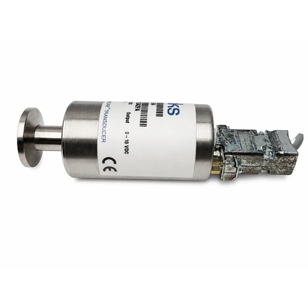 Silver cylindrical biomed certified pressure transducer mks 722a13tga2fa with white label and metallic connectors
