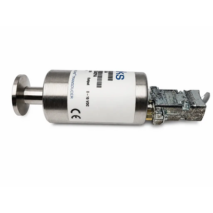 Silver cylindrical biomed certified pressure transducer mks 722a13tga2fa with white label and metallic connectors