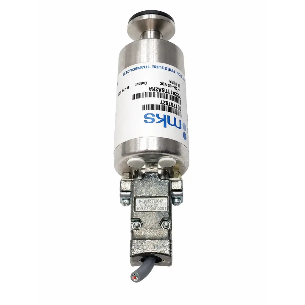Silver metallic mks baratron 722a11tga2fa pressure transducer with white label blue text barcode 10 torr biomed certified
