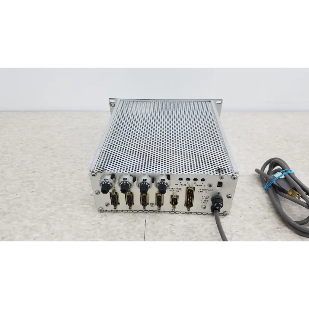 Silver metallic rack-mountable mks instruments 247c mass flow controller power supply with perforated front panel and ports