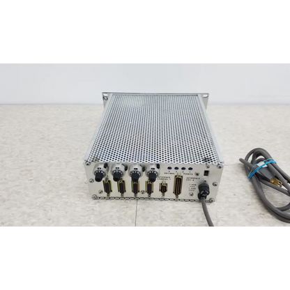 Silver metallic rack-mountable mks instruments 247c mass flow controller power supply with perforated front panel and ports
