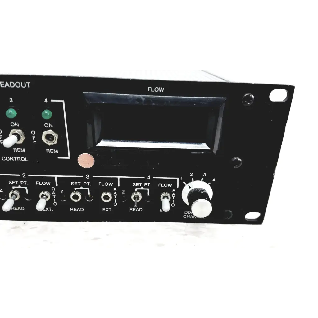 Black mks instruments 247c power supply panel with white knobs and switches for mass flow controller settings
