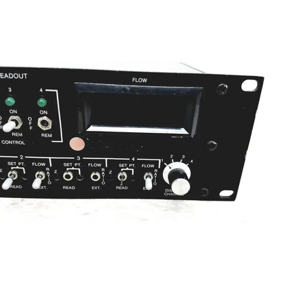Black mks instruments 247c power supply panel with white knobs and switches for mass flow controller settings
