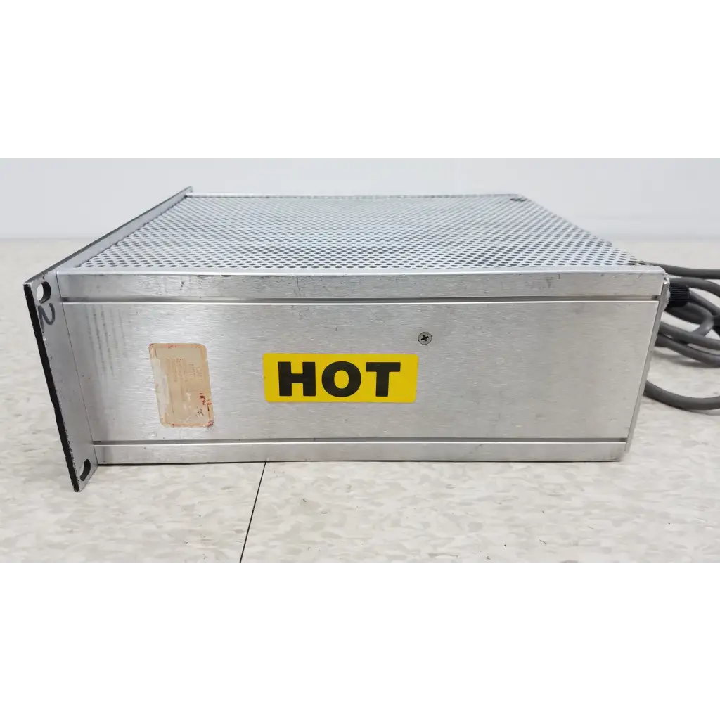 Silver metallic MKS Instruments 247C power supply with perforated top and yellow hot label for mass flow controller use
