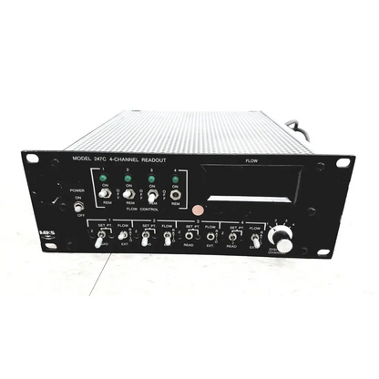 Black mks instruments 247c mass flow controller power supply with perforated metal front panel and control knobs