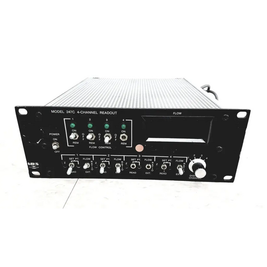 Black mks instruments 247c mass flow controller power supply with perforated metal front panel and control knobs