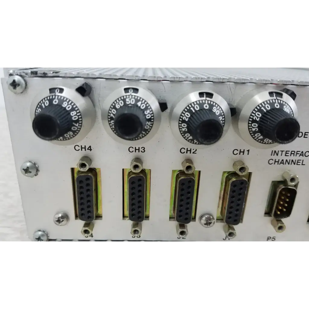 Silver metallic panel with four black rotary knobs labeled ch4 to ch1 for mks instruments 247c mass flow controller power supply