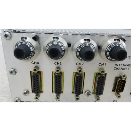 Silver metallic panel with four black rotary knobs labeled ch4 to ch1 for mks instruments 247c mass flow controller power supply