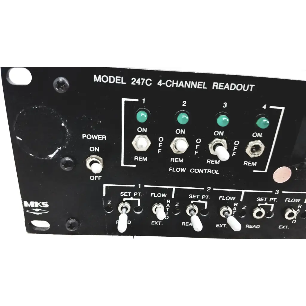 Black mks instruments 247c 4-channel mass flow controller power supply with white switches and green indicator lights