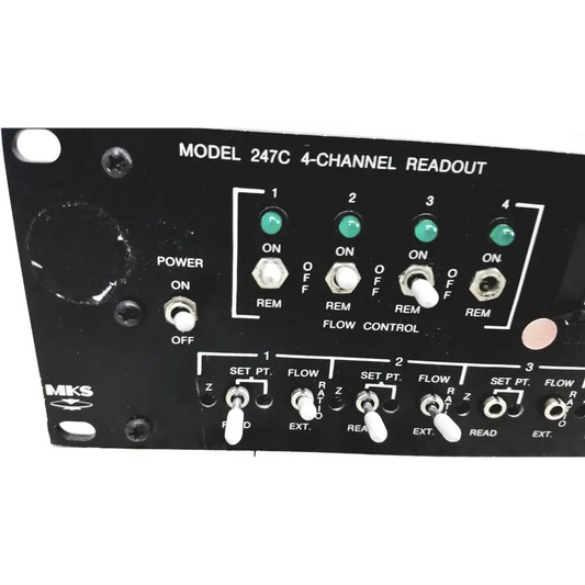 Black mks instruments 247c 4-channel mass flow controller power supply with white switches and green indicator lights