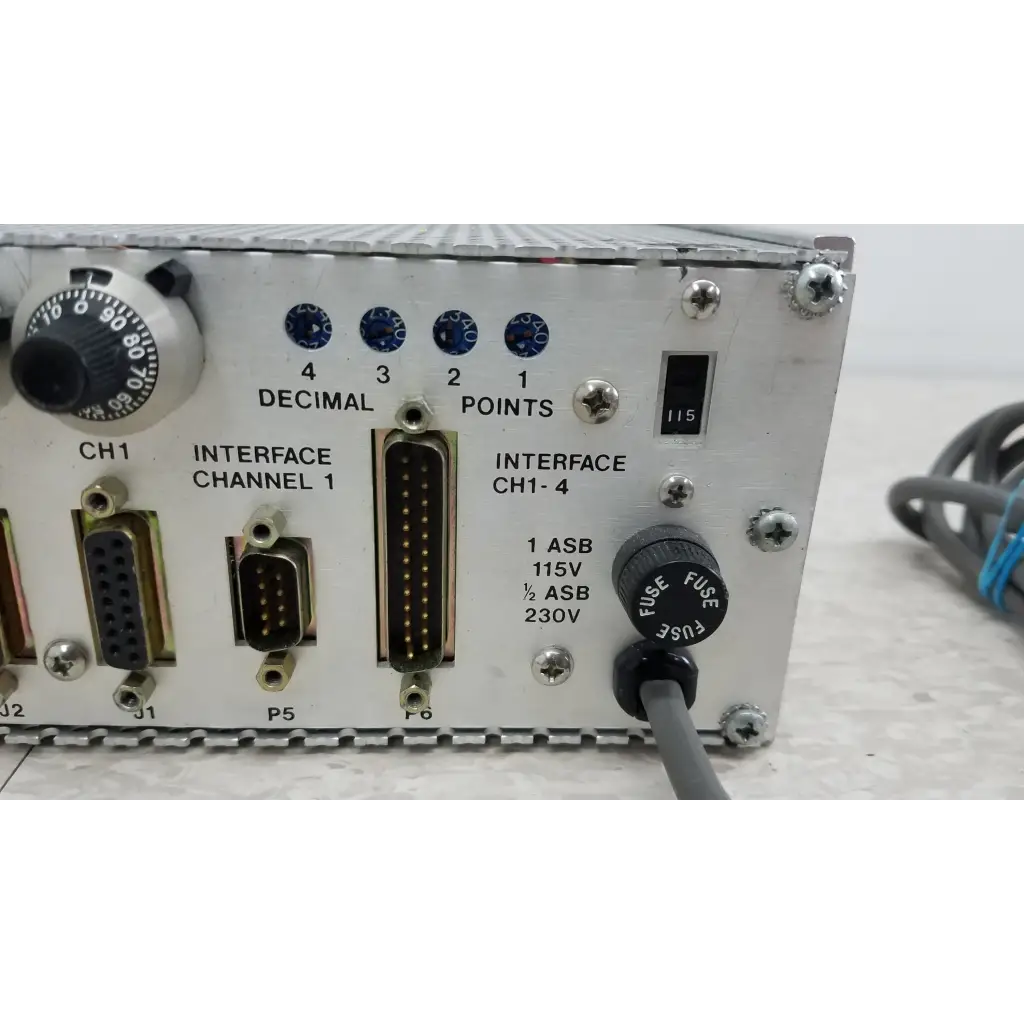 Silver metallic industrial control panel with labeled ports rotary dial and fuse holder for mks instruments 247c power supply