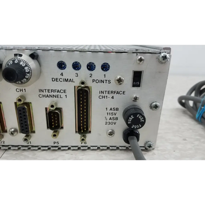 Silver metallic industrial control panel with labeled ports rotary dial and fuse holder for mks instruments 247c power supply