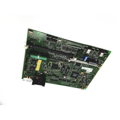 Green ml105 pcb board with black and silver electronic components and amtia label on white sticker