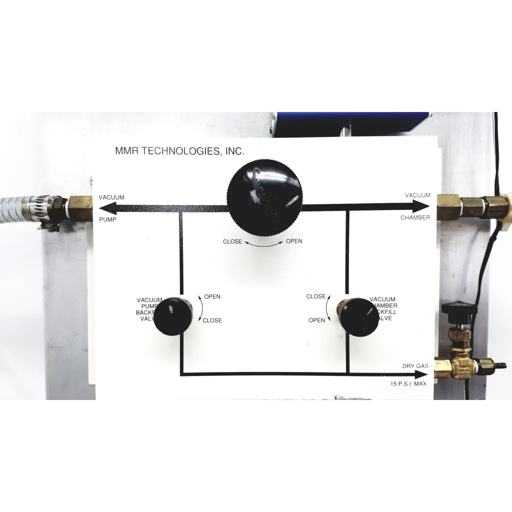 Black circular control knob with open and close markings on mmr technologies vacuum control manifold system panel