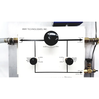 Black circular control knob with open and close markings on mmr technologies vacuum control manifold system panel