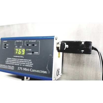 Blue and white granville-phillips 275 mini-convection oven control panel digital display showing 769 for vacuum control manifold