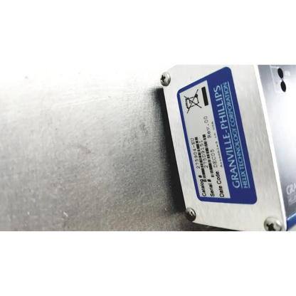 Silver metallic industrial vacuum control manifold with blue label and granville-phillips 275 mini-convectron gauge