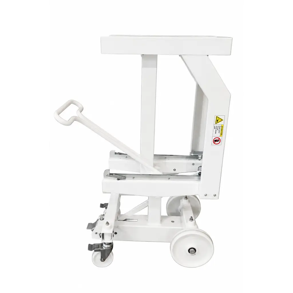 White mobile nuclear medicine gamma camera collimator cart with wheels and handle for biomed certified equipment transport